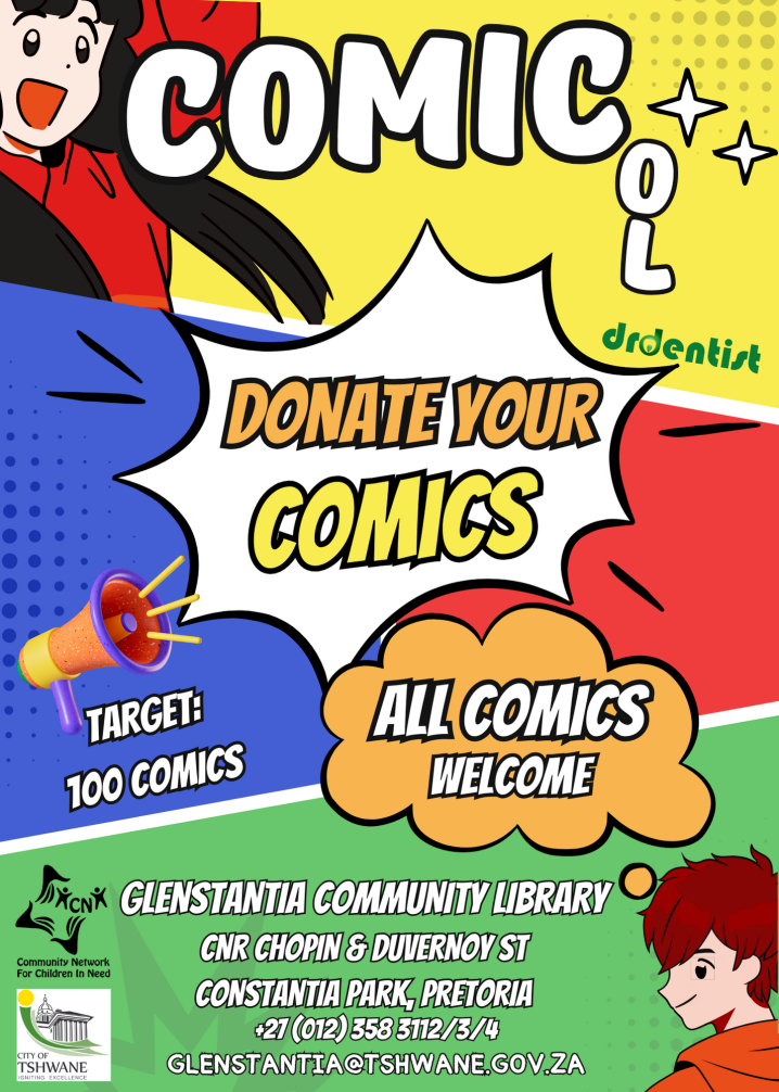 Unleash the power of storytelling! Donate your comics to drive community development and education. Your contribution inspires learning—be a part of the change NOW! Gauteng Tshwane Municipality and Community Network for Children in Neen (CNCN) collaboration. Dr Mick Muianga Drdentist cncnaid.net